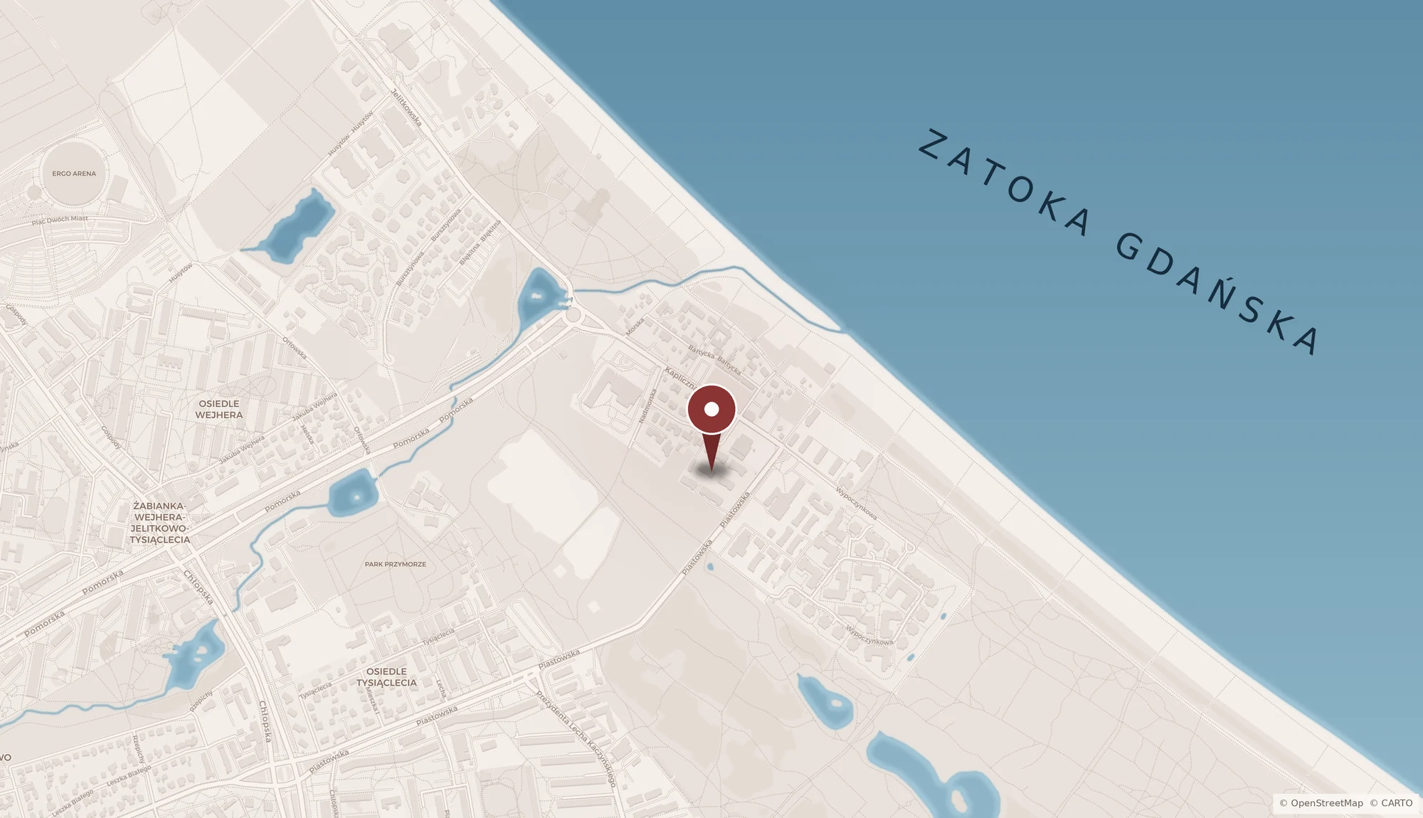 Mapa dojazdu do kliniki Sana Dente, ul. Kapliczna 23/1, Gdańsk Jelitkowo - tuż przy Zatoce Gdańskiej i plaży w Jelitkowie